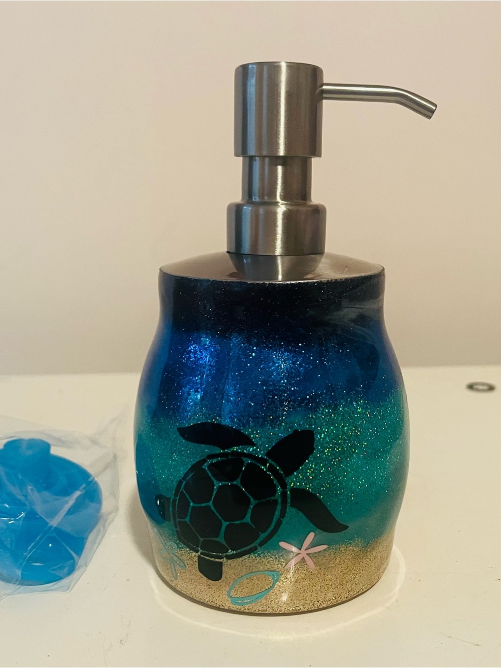Sea Turtle Glitter Resin Soap Dispenser - Blue Green Gold